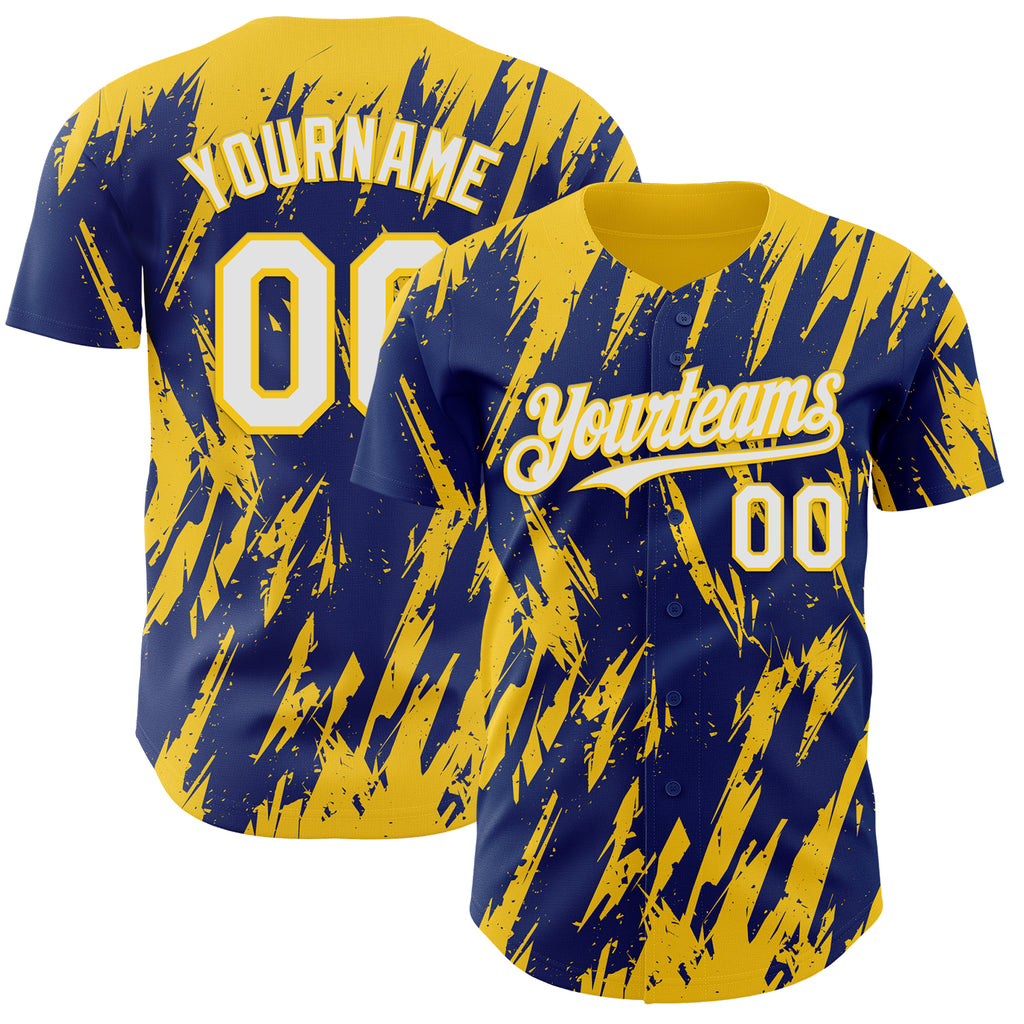 Custom Royal White-Yellow 3D Pattern Design Splatter Torn Sharp Brush Stroke Authentic Baseball Jersey