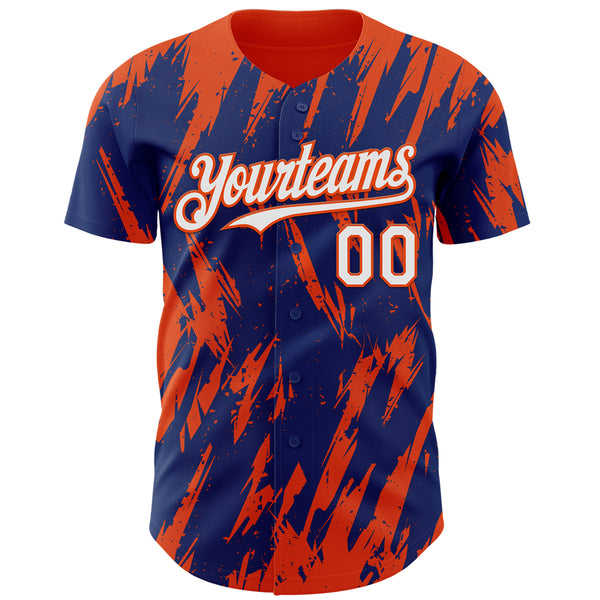 Custom Royal White-Orange 3D Pattern Design Splatter Torn Sharp Brush Stroke Authentic Baseball Jersey