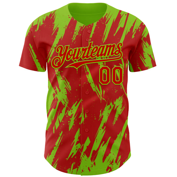 Custom Red Neon Green 3D Pattern Design Splatter Torn Sharp Brush Stroke Authentic Baseball Jersey