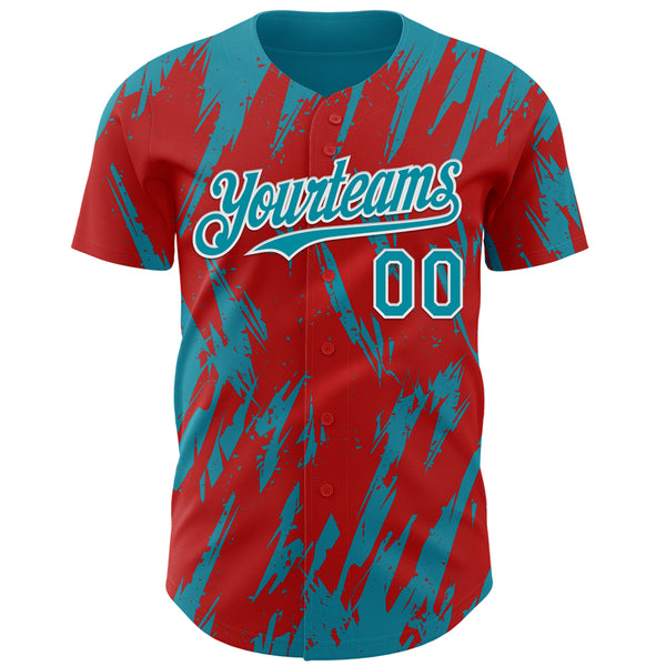 Custom Red Teal-White 3D Pattern Design Splatter Torn Sharp Brush Stroke Authentic Baseball Jersey
