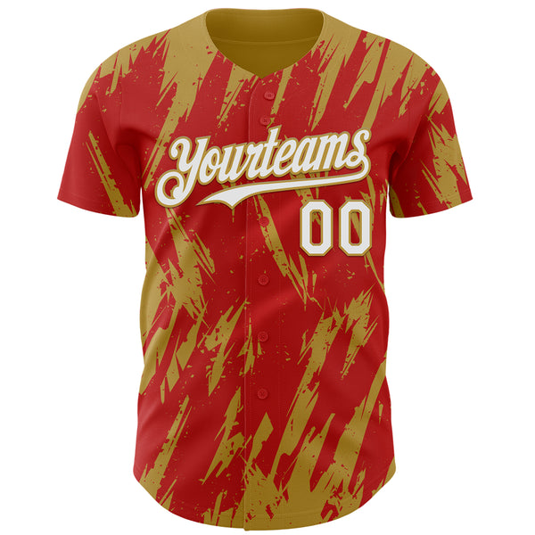 Custom Red White-Old Gold 3D Pattern Design Splatter Torn Sharp Brush Stroke Authentic Baseball Jersey