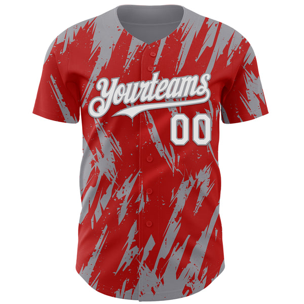 Custom Red White-Gray 3D Pattern Design Splatter Torn Sharp Brush Stroke Authentic Baseball Jersey