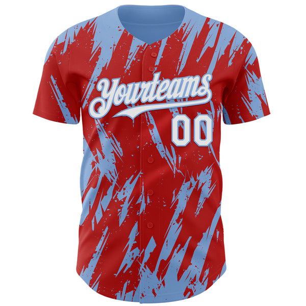 Custom Red White-Light Blue 3D Pattern Design Splatter Torn Sharp Brush Stroke Authentic Baseball Jersey