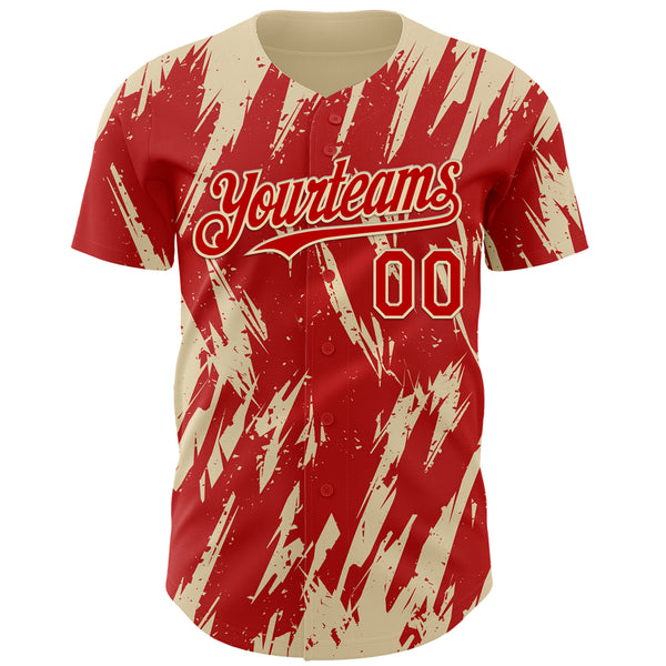 Custom Red Cream 3D Pattern Design Splatter Torn Sharp Brush Stroke Authentic Baseball Jersey