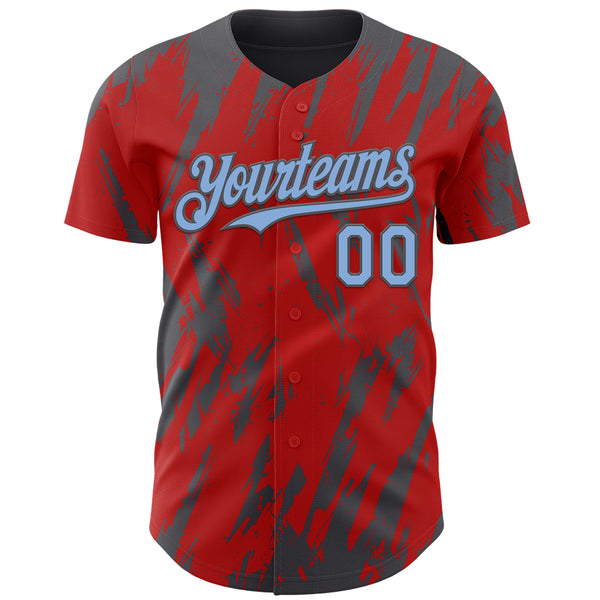 Custom Red Light Blue-Steel Gray 3D Pattern Design Splatter Torn Sharp Brush Stroke Authentic Baseball Jersey