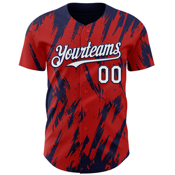 Custom Red White-Navy 3D Pattern Design Splatter Torn Sharp Brush Stroke Authentic Baseball Jersey