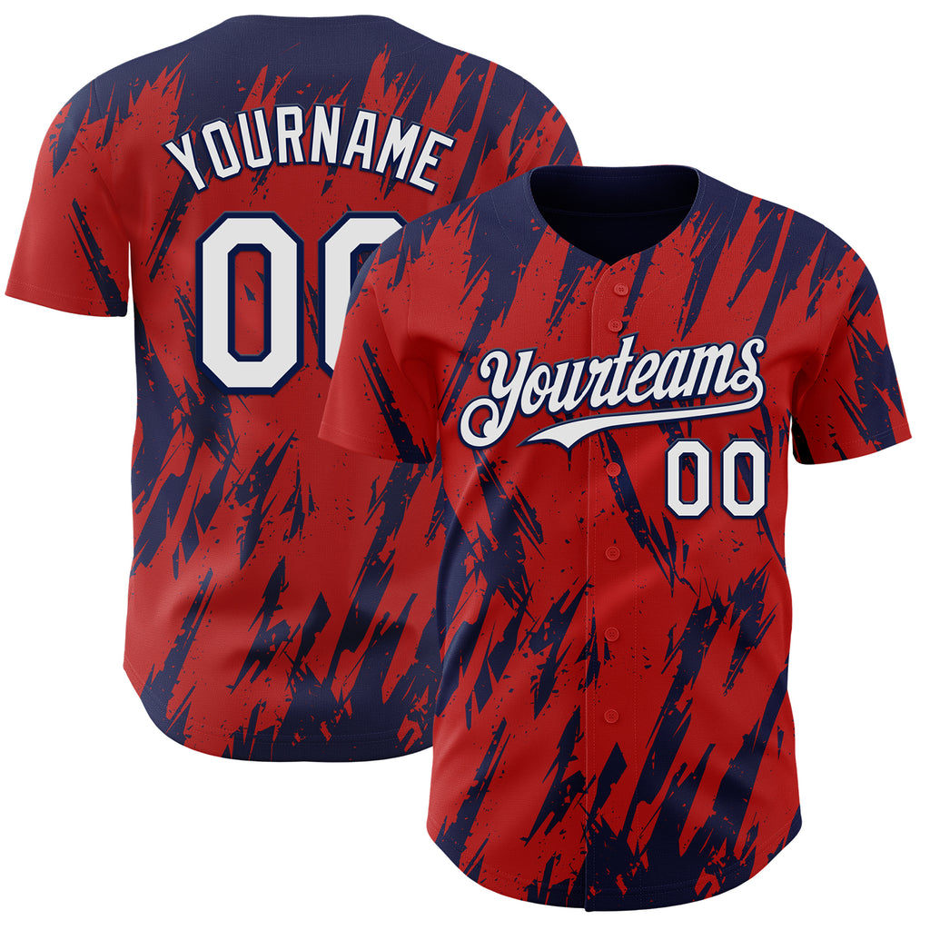 Custom Red White-Navy 3D Pattern Design Splatter Torn Sharp Brush Stroke Authentic Baseball Jersey