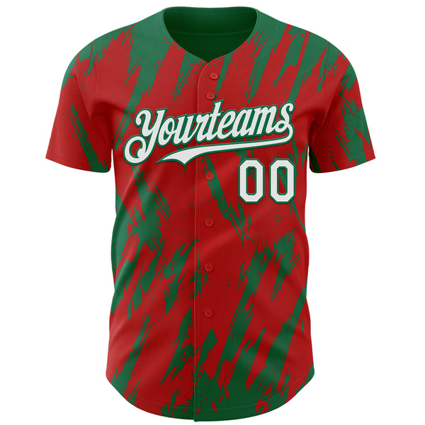 Custom Red White-Kelly Green 3D Pattern Design Splatter Torn Sharp Brush Stroke Authentic Baseball Jersey