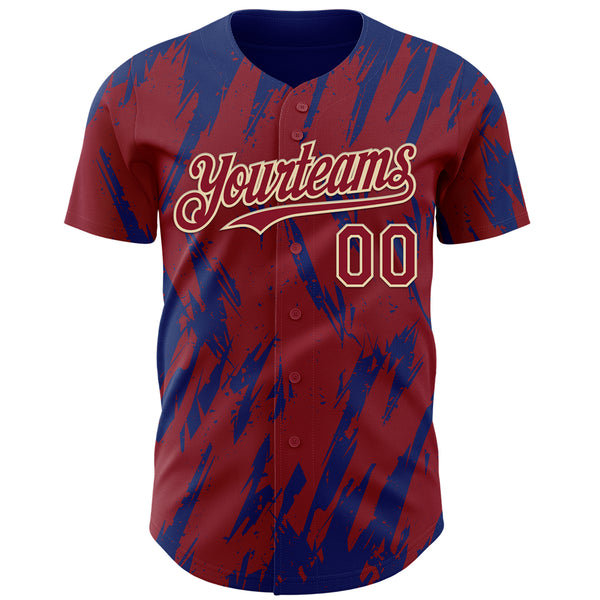Custom Crimson Cream-Royal 3D Pattern Design Splatter Torn Sharp Brush Stroke Authentic Baseball Jersey