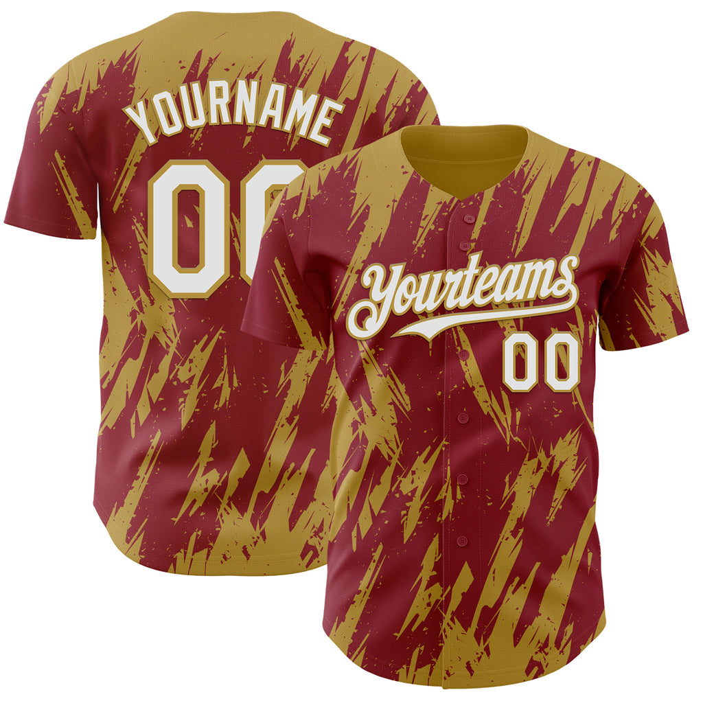 Custom Crimson White-Old Gold 3D Pattern Design Splatter Torn Sharp Brush Stroke Authentic Baseball Jersey