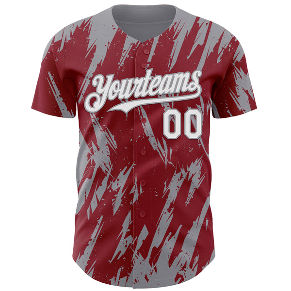 Custom Crimson White-Gray 3D Pattern Design Splatter Torn Sharp Brush Stroke Authentic Baseball Jersey
