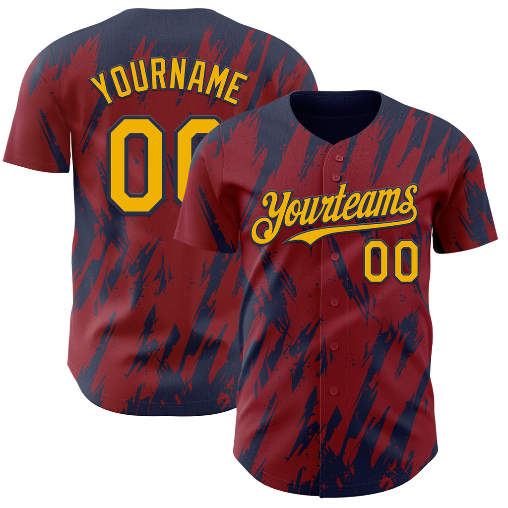 Custom Crimson Gold-Navy 3D Pattern Design Splatter Torn Sharp Brush Stroke Authentic Baseball Jersey