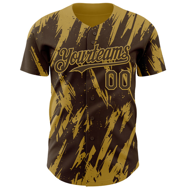 Custom Brown Old Gold 3D Pattern Design Splatter Torn Sharp Brush Stroke Authentic Baseball Jersey