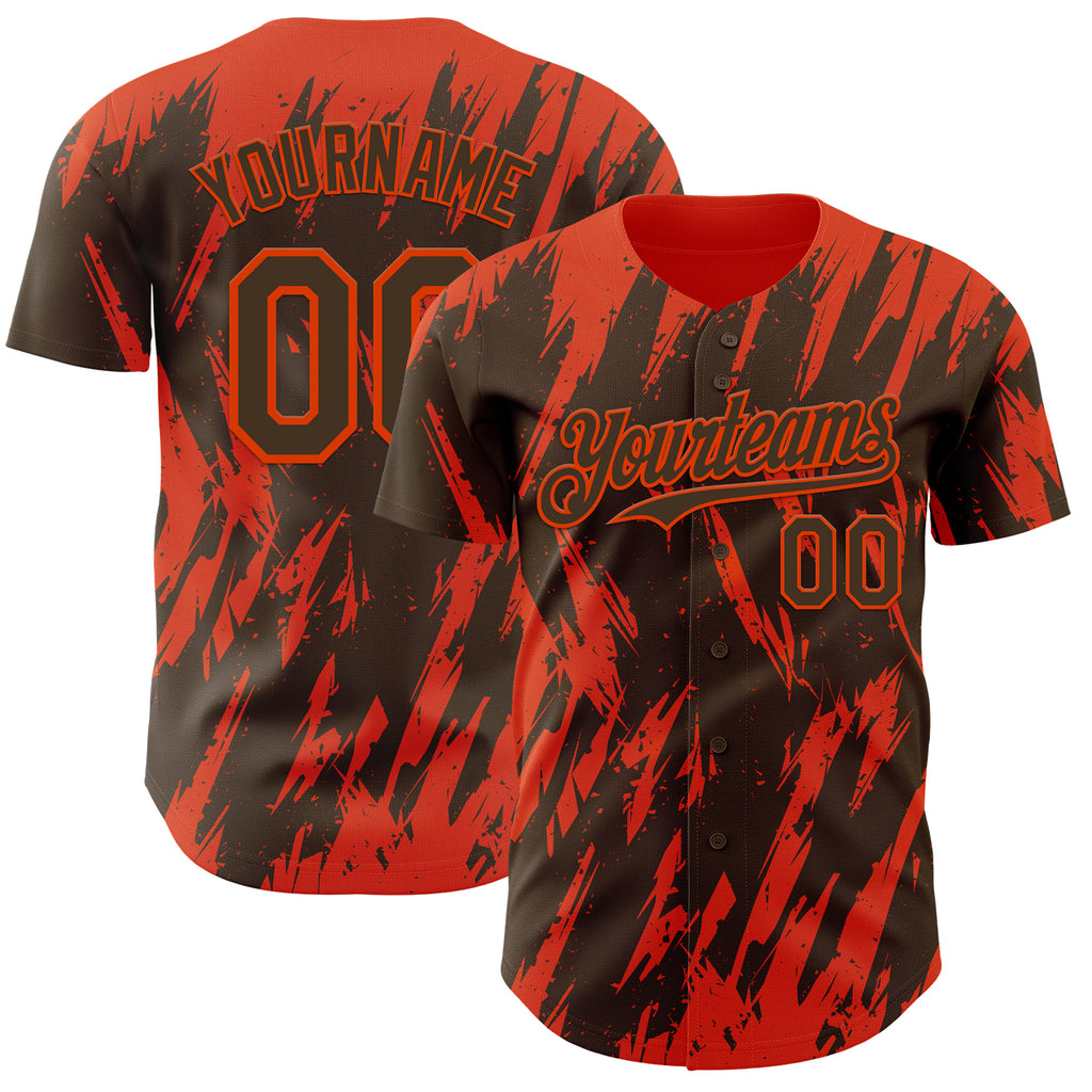 Custom Brown Orange 3D Pattern Design Splatter Torn Sharp Brush Stroke Authentic Baseball Jersey