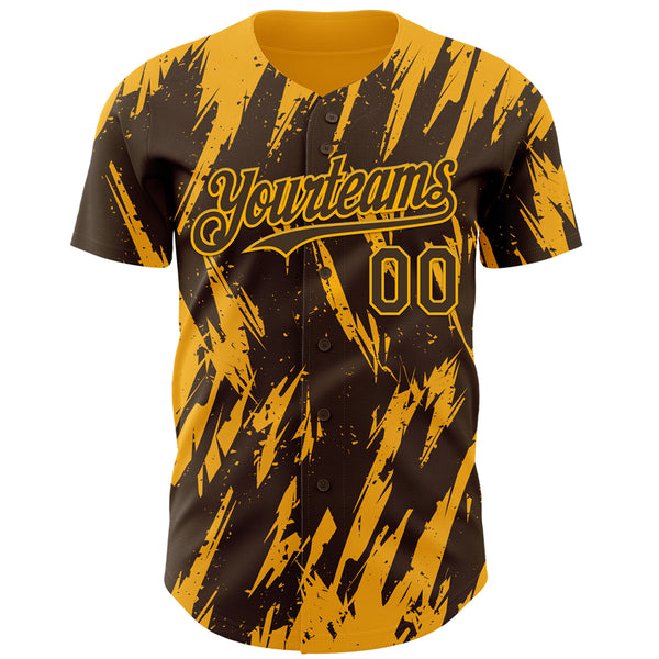 Custom Brown Gold 3D Pattern Design Splatter Torn Sharp Brush Stroke Authentic Baseball Jersey