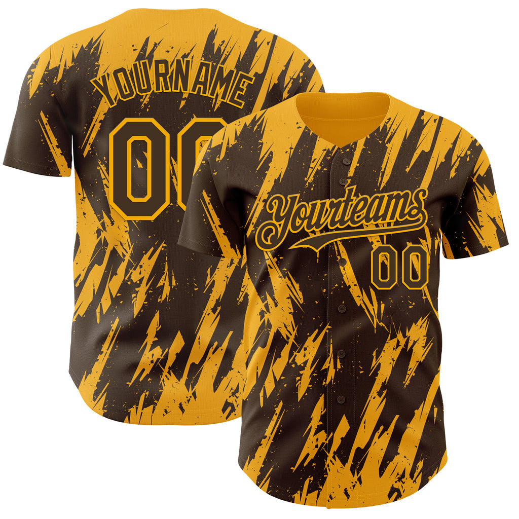 Custom Brown Gold 3D Pattern Design Splatter Torn Sharp Brush Stroke Authentic Baseball Jersey