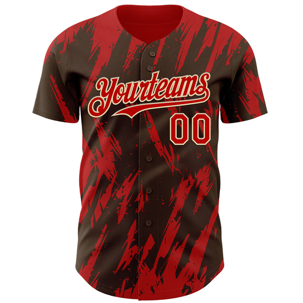 Custom Brown Red-White 3D Pattern Design Splatter Torn Sharp Brush Stroke Authentic Baseball Jersey