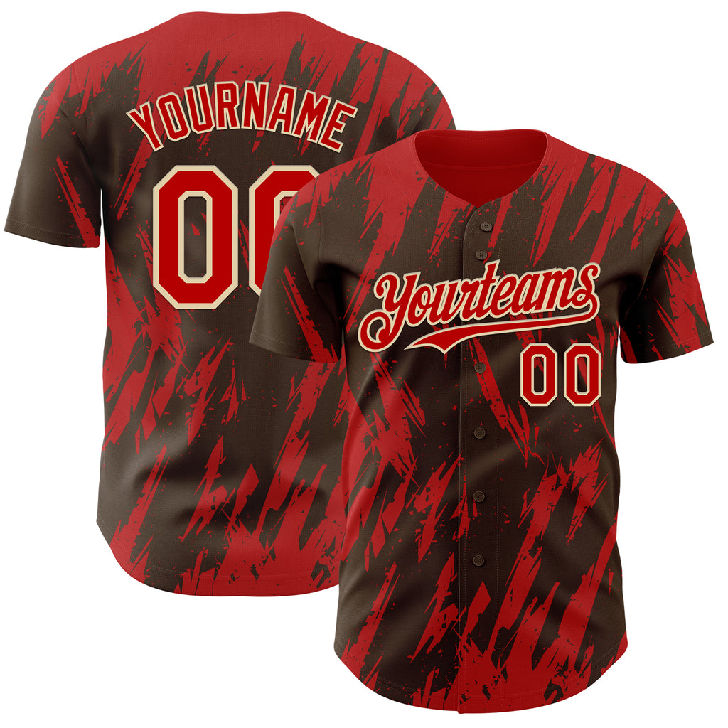 Custom Brown Red-White 3D Pattern Design Splatter Torn Sharp Brush Stroke Authentic Baseball Jersey
