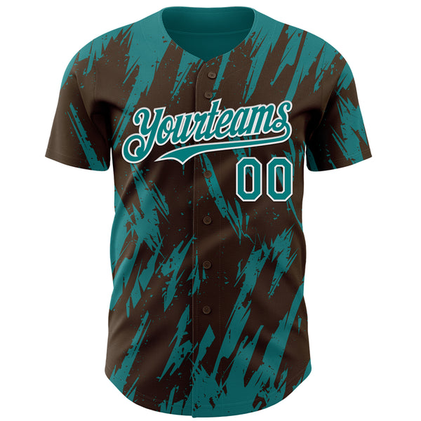 Custom Brown Teal-White 3D Pattern Design Splatter Torn Sharp Brush Stroke Authentic Baseball Jersey