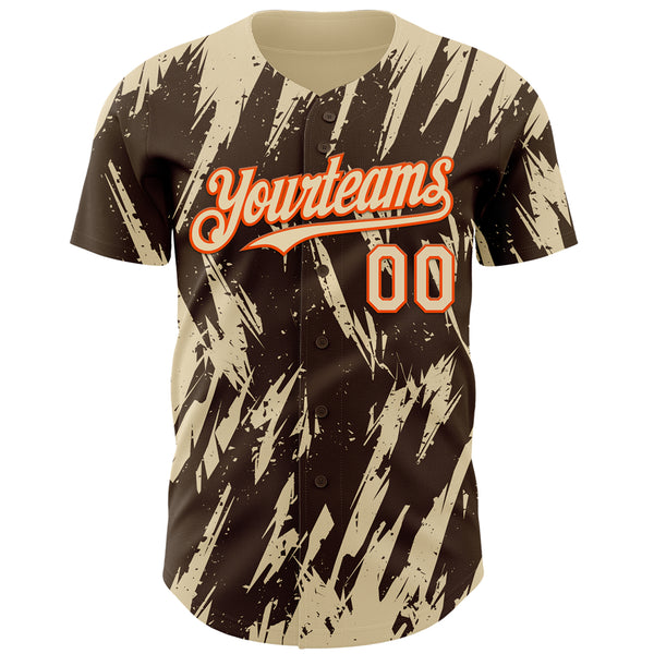 Custom Brown Cream-Orange 3D Pattern Design Splatter Torn Sharp Brush Stroke Authentic Baseball Jersey