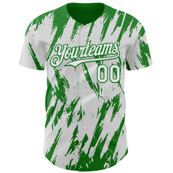 Custom White Grass Green 3D Pattern Design Splatter Torn Sharp Brush Stroke Authentic Baseball Jersey