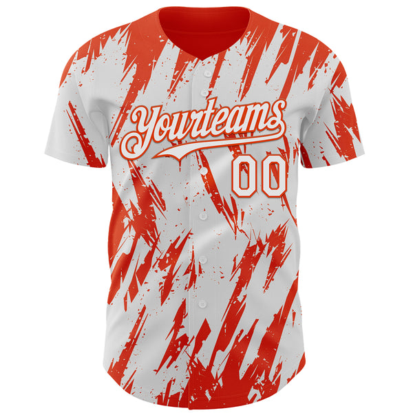 Custom White Orange 3D Pattern Design Splatter Torn Sharp Brush Stroke Authentic Baseball Jersey