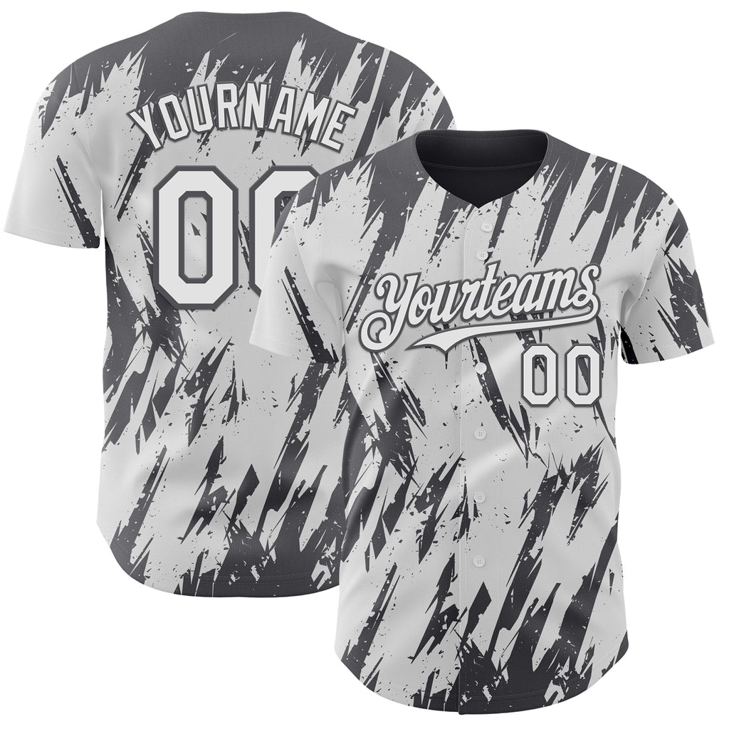 Custom White Steel Gray 3D Pattern Design Splatter Torn Sharp Brush Stroke Authentic Baseball Jersey