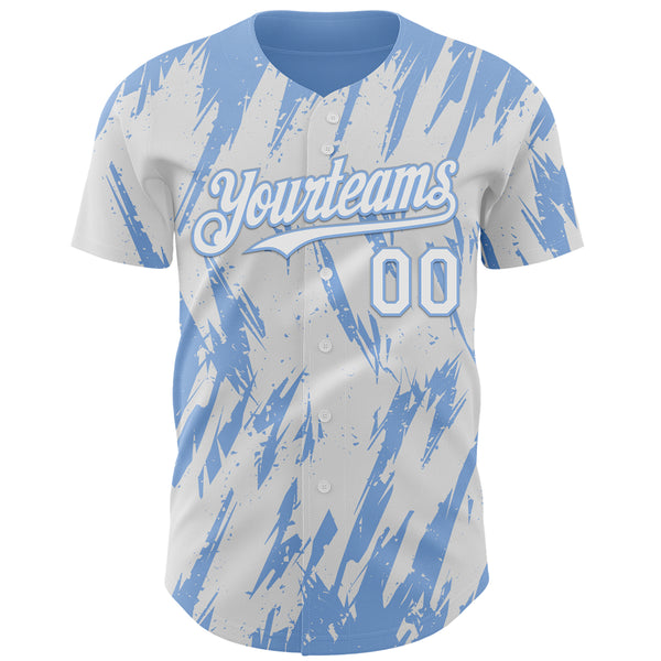 Custom White Light Blue 3D Pattern Design Splatter Torn Sharp Brush Stroke Authentic Baseball Jersey