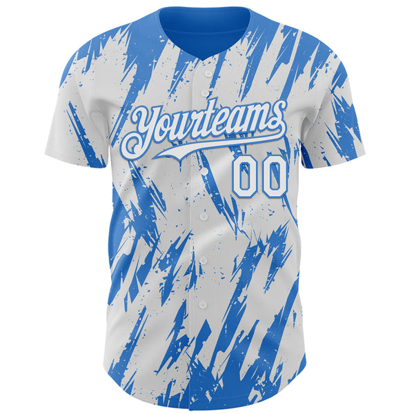 Custom White Powder Blue 3D Pattern Design Splatter Torn Sharp Brush Stroke Authentic Baseball Jersey