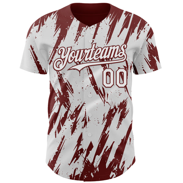 Custom White Burgundy 3D Pattern Design Splatter Torn Sharp Brush Stroke Authentic Baseball Jersey