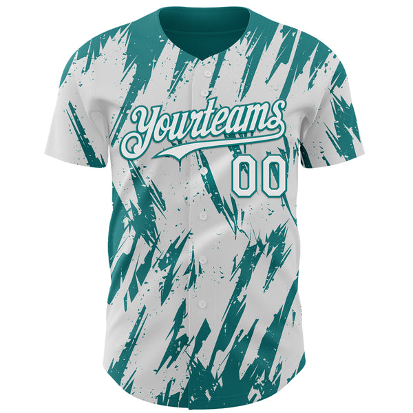 Custom White Teal 3D Pattern Design Splatter Torn Sharp Brush Stroke Authentic Baseball Jersey