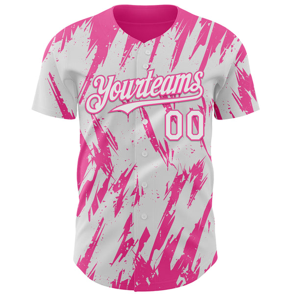 Custom White Pink 3D Pattern Design Splatter Torn Sharp Brush Stroke Authentic Baseball Jersey