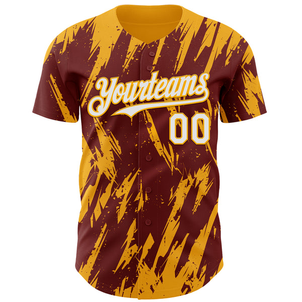 Custom Burgundy White-Gold 3D Pattern Design Splatter Torn Sharp Brush Stroke Authentic Baseball Jersey