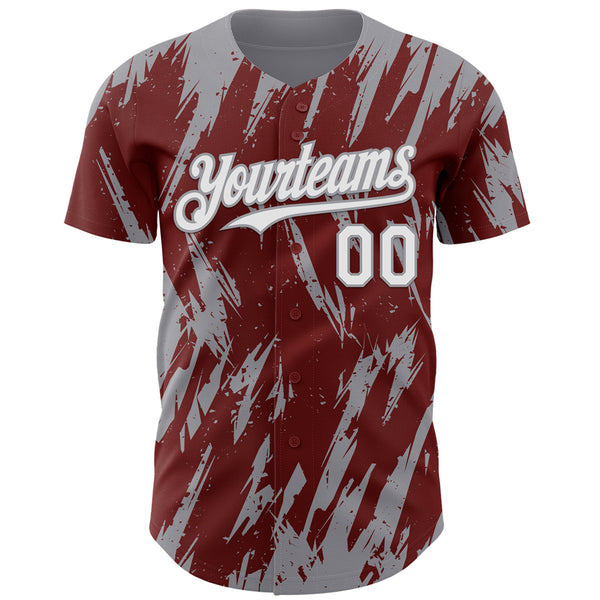 Custom Burgundy White-Gray 3D Pattern Design Splatter Torn Sharp Brush Stroke Authentic Baseball Jersey