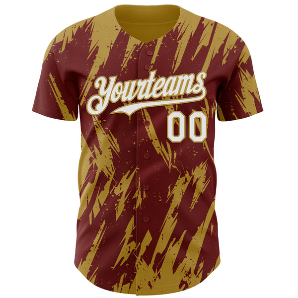 Custom Burgundy White-Old Gold 3D Pattern Design Splatter Torn Sharp Brush Stroke Authentic Baseball Jersey