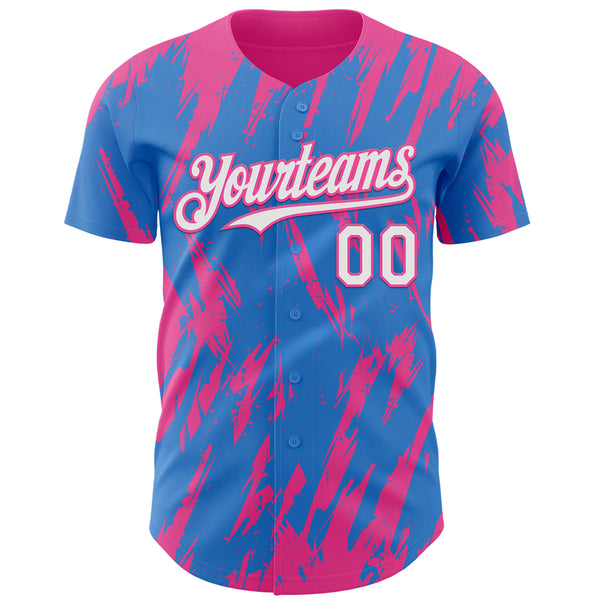 Custom Powder Blue White-Pink 3D Pattern Design Splatter Torn Sharp Brush Stroke Authentic Baseball Jersey