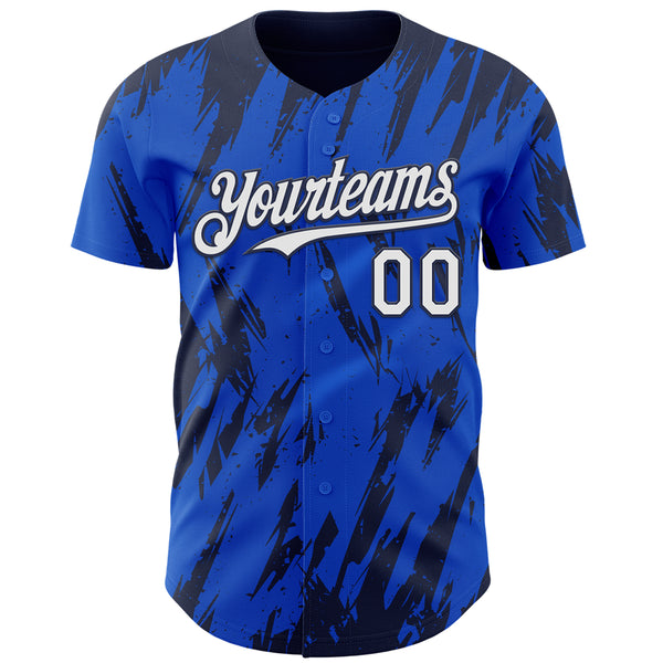 Custom Thunder Blue White-Navy 3D Pattern Design Splatter Torn Sharp Brush Stroke Authentic Baseball Jersey