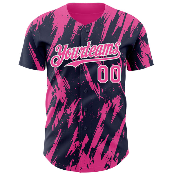 Custom Navy Pink-White 3D Pattern Design Splatter Torn Sharp Brush Stroke Authentic Baseball Jersey