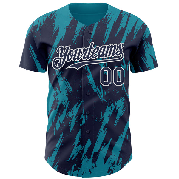 Custom Navy White-Teal 3D Pattern Design Splatter Torn Sharp Brush Stroke Authentic Baseball Jersey