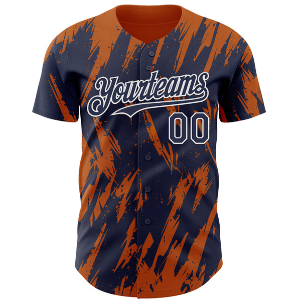 Custom Navy White-Bay Orange 3D Pattern Design Splatter Torn Sharp Brush Stroke Authentic Baseball Jersey