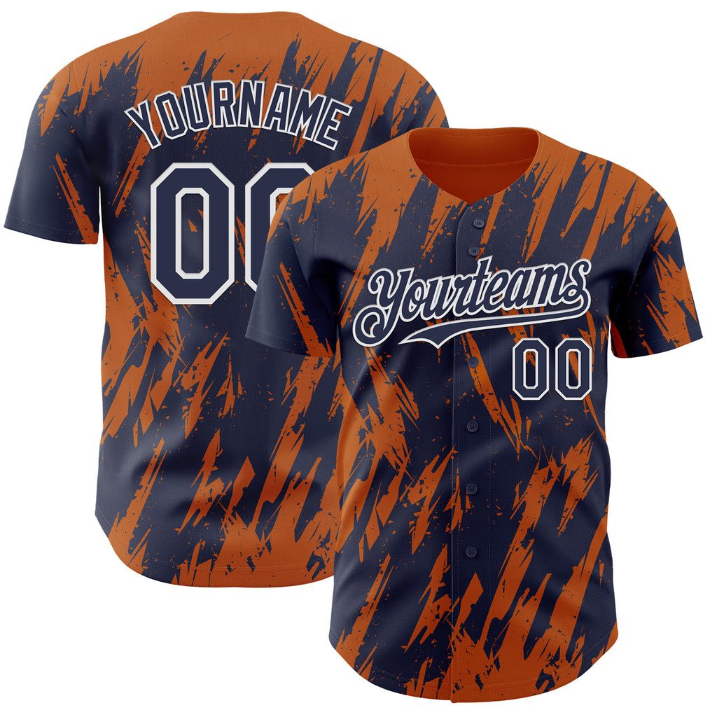 Custom Navy White-Bay Orange 3D Pattern Design Splatter Torn Sharp Brush Stroke Authentic Baseball Jersey