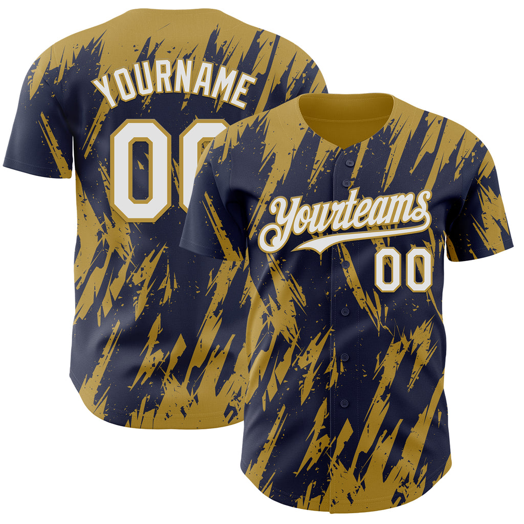 Custom Navy White-Old Gold 3D Pattern Design Splatter Torn Sharp Brush Stroke Authentic Baseball Jersey