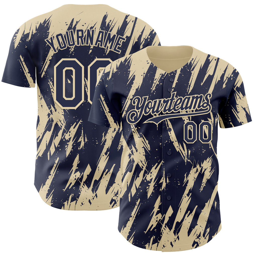 Custom Navy Cream 3D Pattern Design Splatter Torn Sharp Brush Stroke Authentic Baseball Jersey