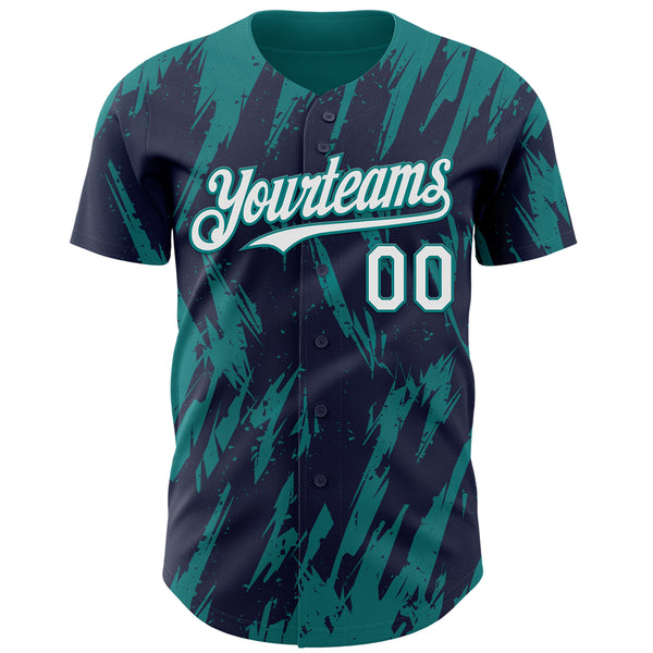 Custom Navy White-Teal 3D Pattern Design Splatter Torn Sharp Brush Stroke Authentic Baseball Jersey