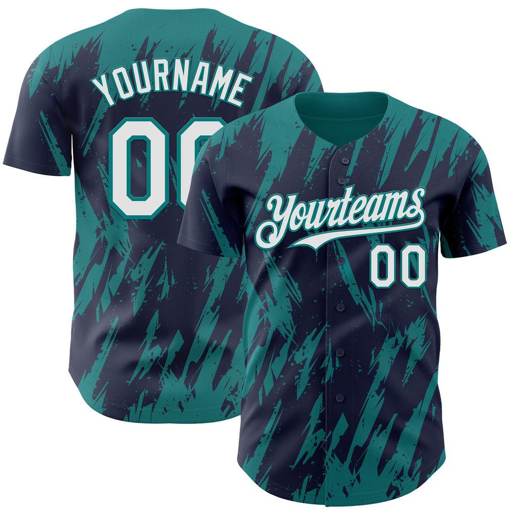 Custom Navy White-Teal 3D Pattern Design Splatter Torn Sharp Brush Stroke Authentic Baseball Jersey