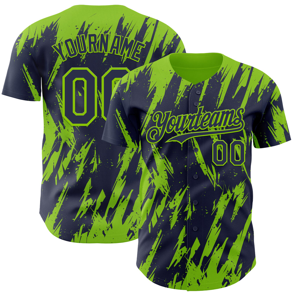 Custom Navy Neon Green 3D Pattern Design Splatter Torn Sharp Brush Stroke Authentic Baseball Jersey