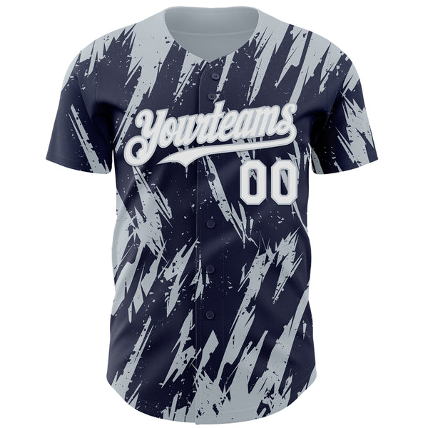 Custom Navy White-Silver 3D Pattern Design Splatter Torn Sharp Brush Stroke Authentic Baseball Jersey
