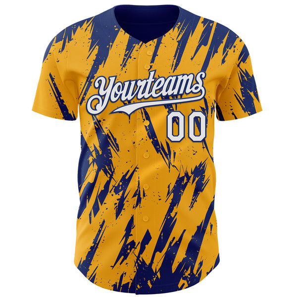 Custom Gold White-Royal 3D Pattern Design Splatter Torn Sharp Brush Stroke Authentic Baseball Jersey