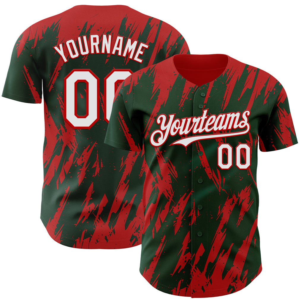 Custom Green White-Red 3D Pattern Design Splatter Torn Sharp Brush Stroke Authentic Baseball Jersey