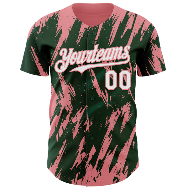 Custom Green White-Medium Pink 3D Pattern Design Splatter Torn Sharp Brush Stroke Authentic Baseball Jersey